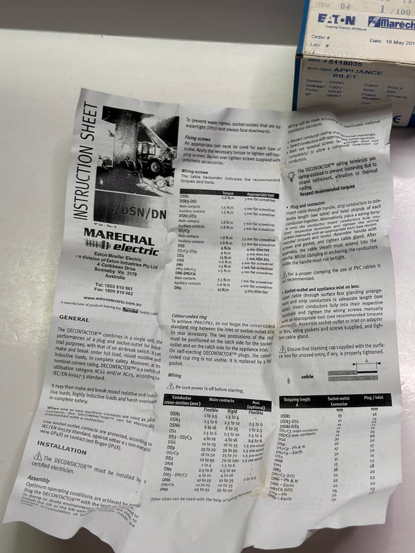 Marechal 6118035 Inlet Decontactor DSN1, Poly Blue 110-130V, 20A