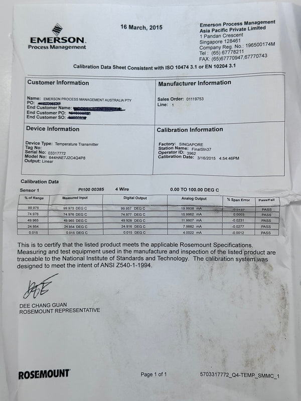 Rosemount™ 644 Temperature Transmitter 644HAE7J2C4Q4P8 - 0-100 Deg C