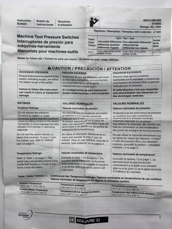 Square D 9012 GAW-2 Industrial Pressure Switch, 1-40 PSI, SER.C