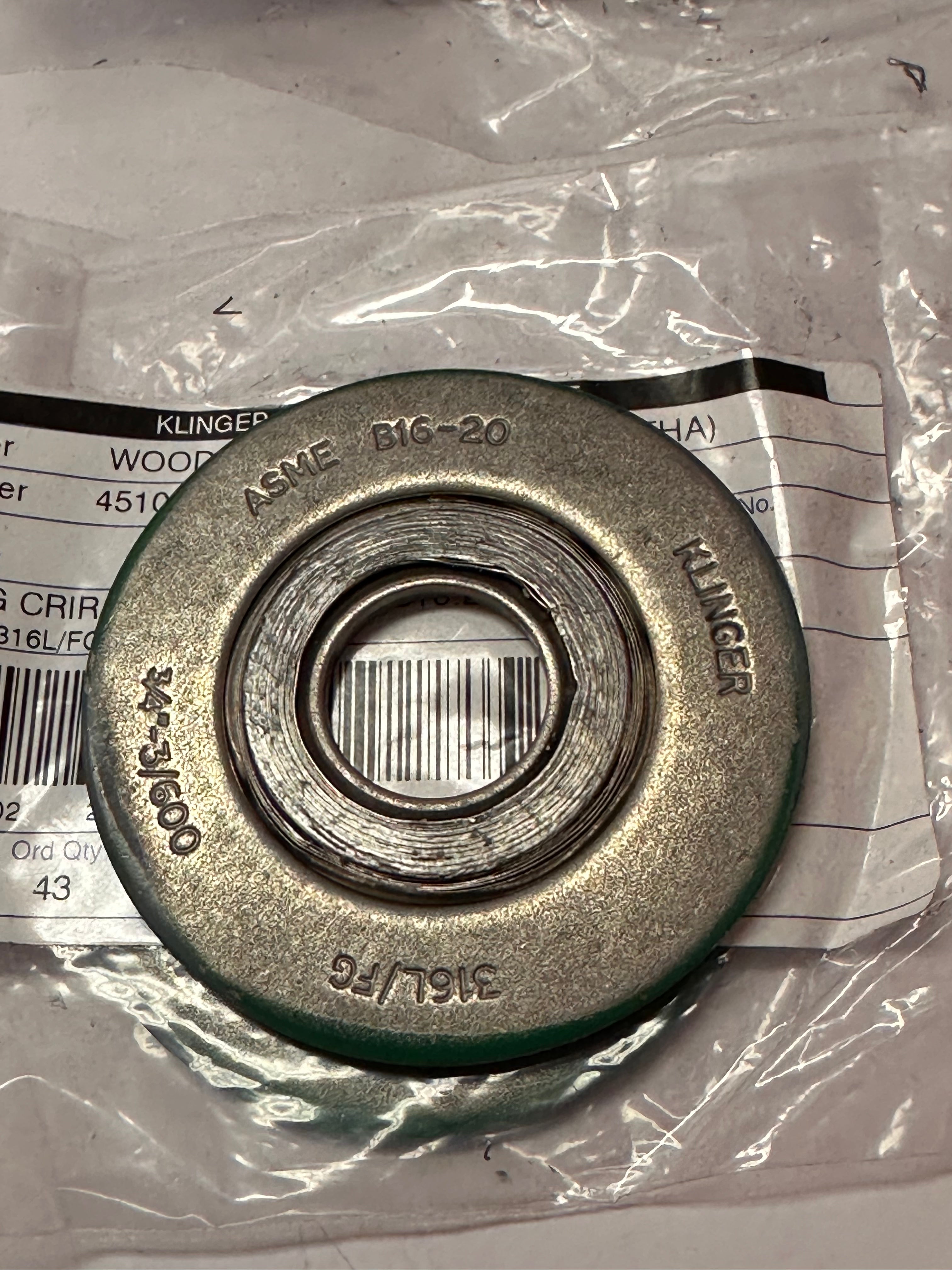 KLINGER SWG CRIR 316L/FG 3/4"3/600 Spiral Wound Gasket Mining