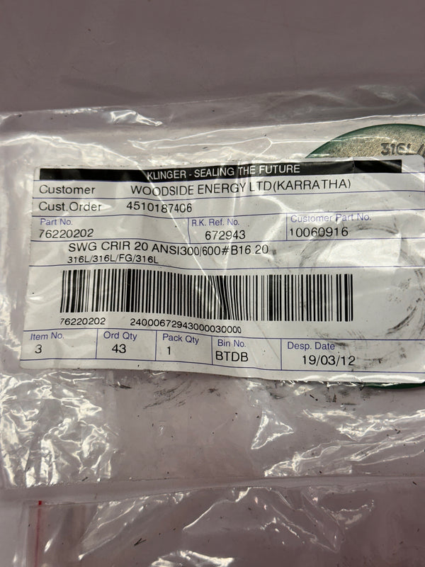 KLINGER SWG CRIR 316L/FG 3/4"-3/600 Spiral Wound Gasket
