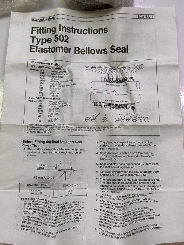 John Crane TYPE 502 Elastomer Bellows Seal