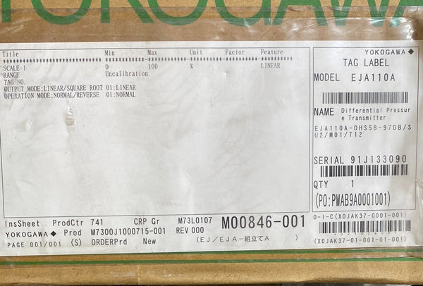 YOKOGAWA EJA110A-DHS5B-97DB/SU2/M01/T12 Traditional Mount Differential Pressure Transmittter