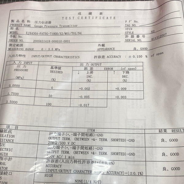YOKOGAWA EJX430A-FAT5G-719DD/X2/M01/T01/N4 Traditional Mount Gauge Pressure Transmitter