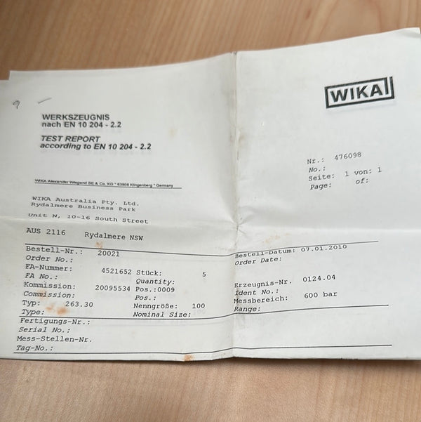 WIKA Pressure Gauge 263.30.100 SS 600bar