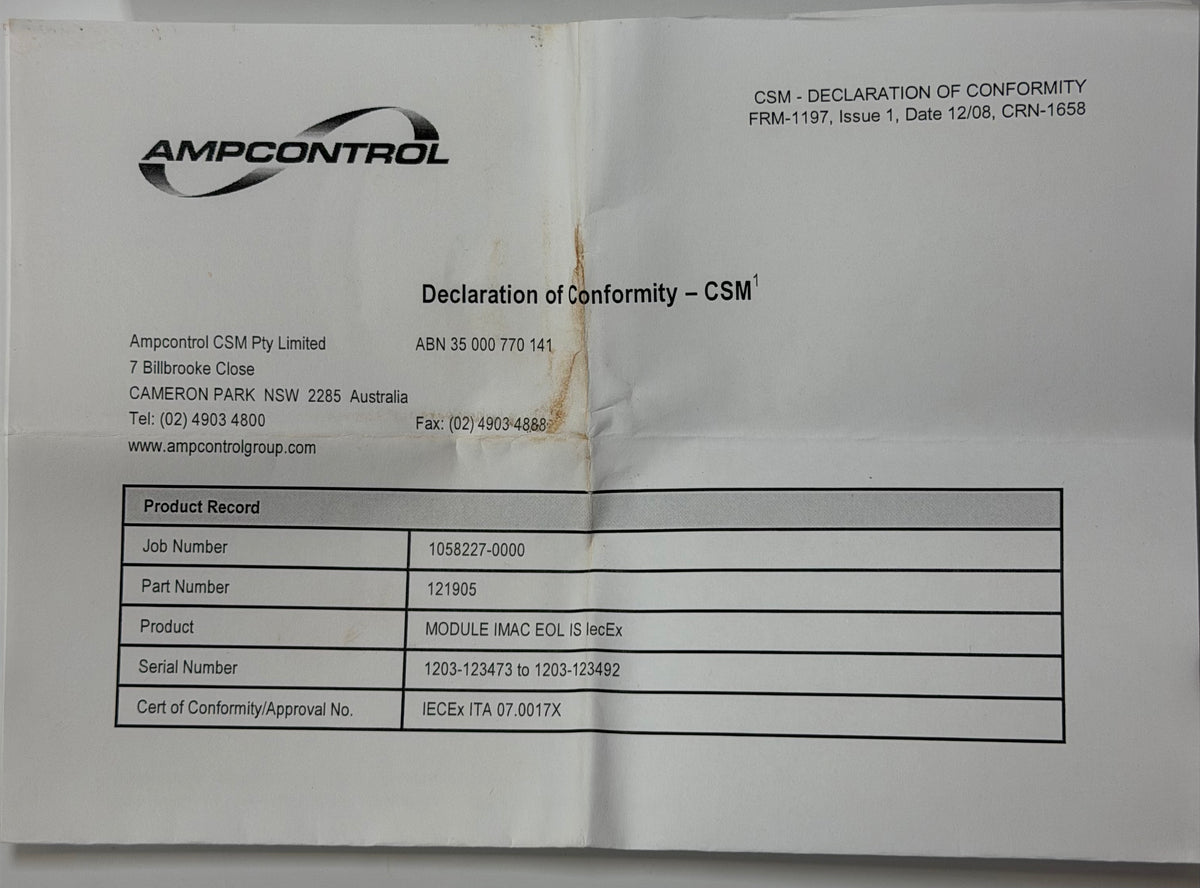 Ampcontrol iMAC 121905 EOL Module - EOL I/S IECEX CSM Reference
