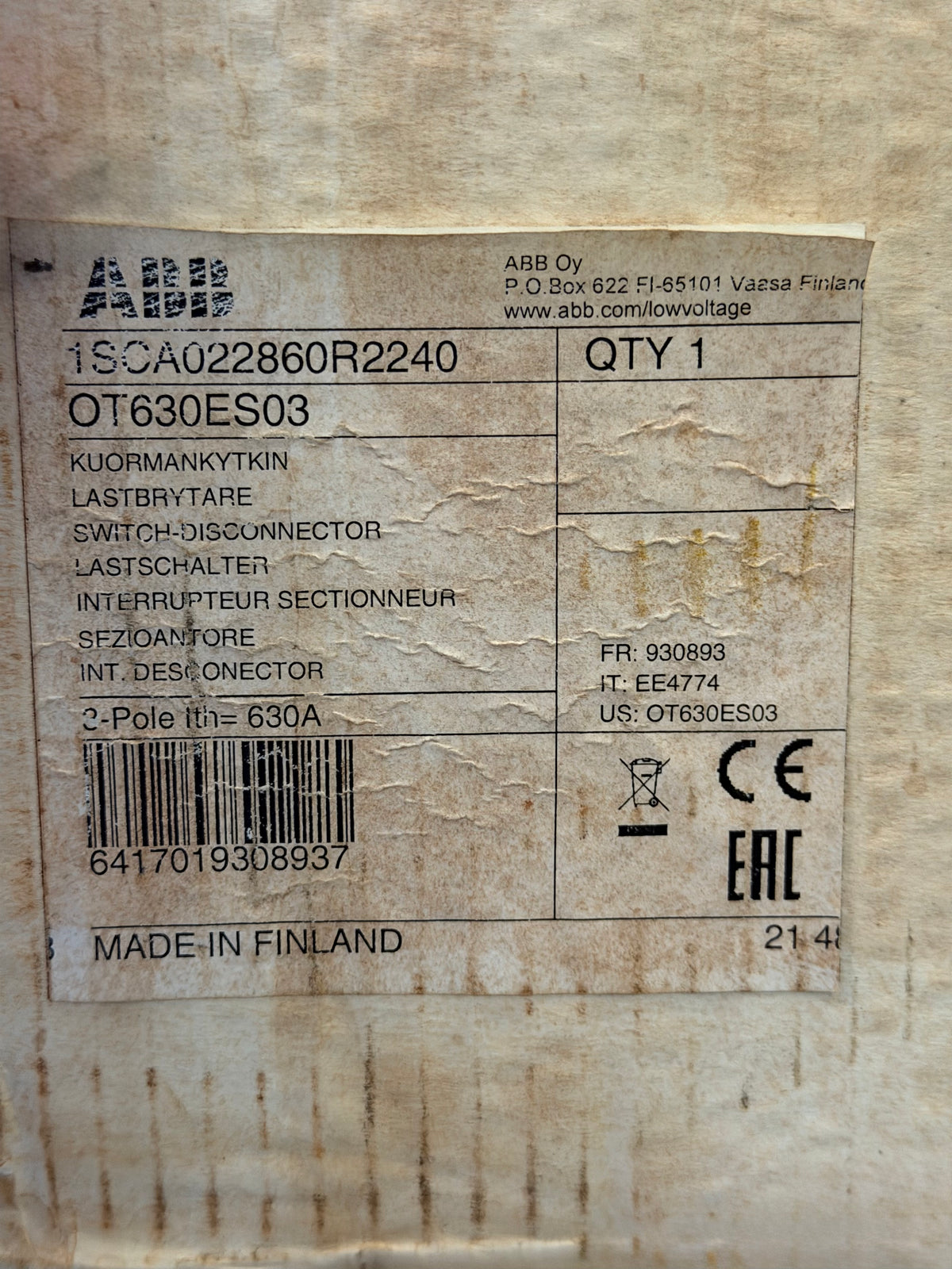 ABB OT630ES03 Switch Disconnector - 1SCA022860R2240