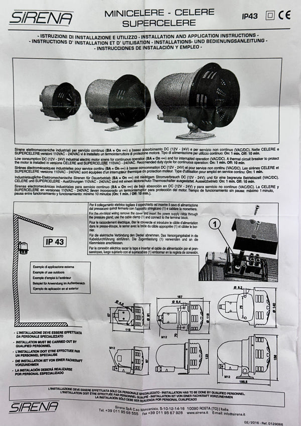 Sirena ELECTRA MINICELERE 240V Electro-Mechanical Siren - Grey Base