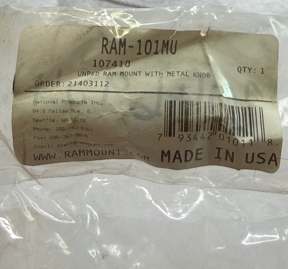 RAM-101MU, RAM® Double Ball Mount with Metal Knob - C Size Medium