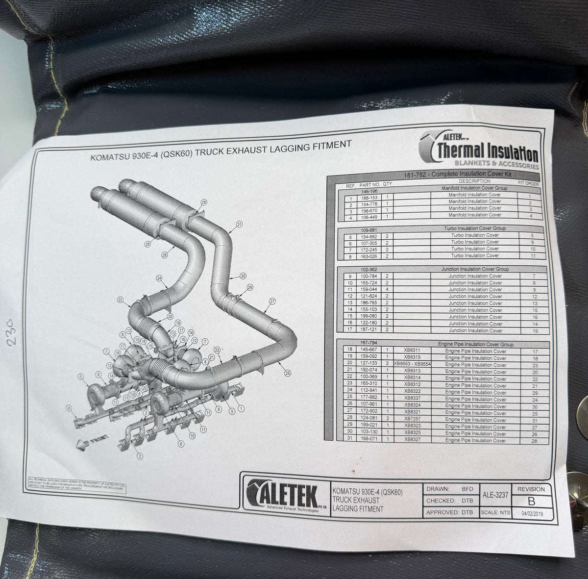 Aletek 127-133 Engine Pipe Insulation Cover to suit Komatsu