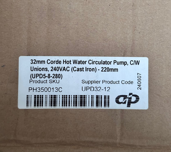 CORDE UPD Series 240V Single Phase Screened Electric Hot Water Circulation Pump C/W Unions UPD32-12