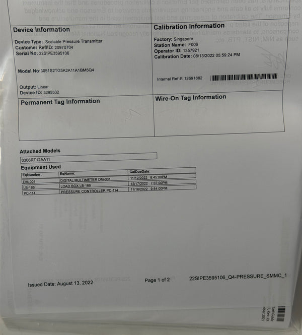 Rosemount 3051S In-Line Pressure Transmitter and 306 Manifold, 3051S2TG3A2A11A1BM5Q4 0306RT12AA11