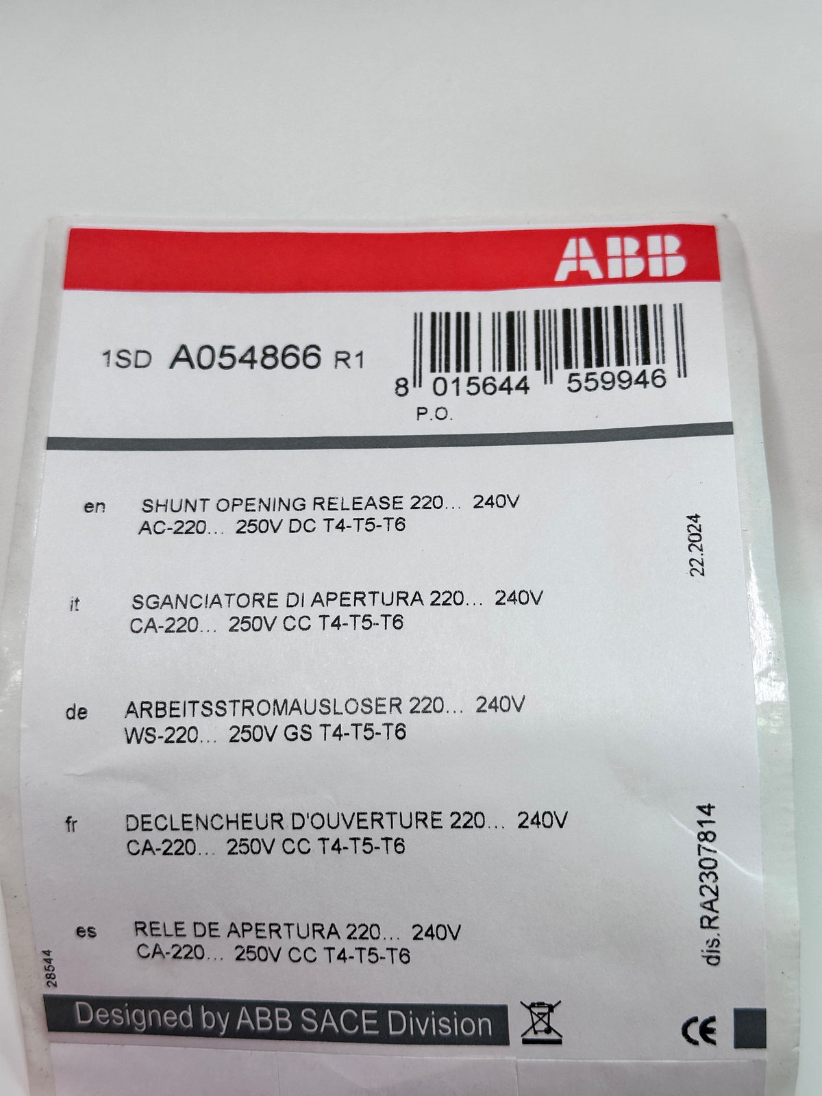 ABB 1SDA054866R1 Shunt Opening Release, 220...240V AC / 220...250V DC, T4-T5-T6