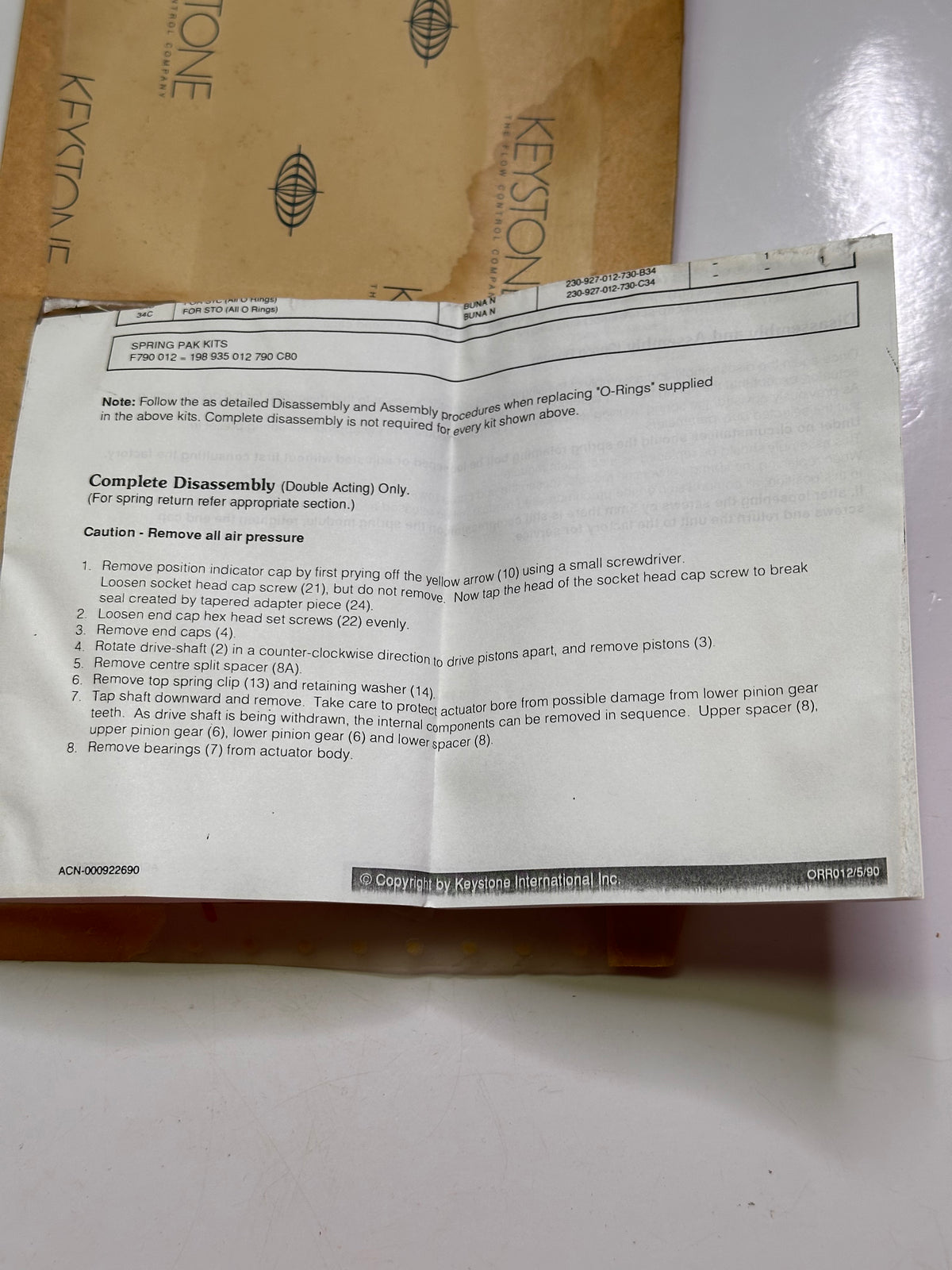 Keystone O-Ring Replacement Kit for F790-012 Actuator 198-935-012-790-C80