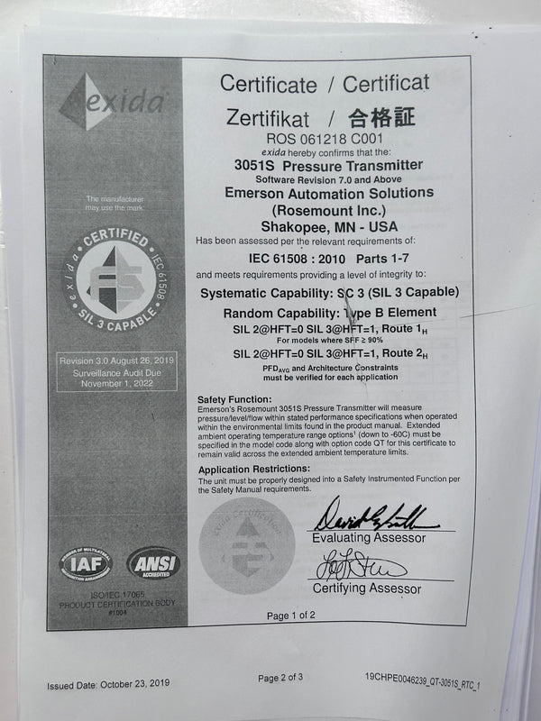 Emerson 3051S Coplanar Pressure Transmitter 3051S1CG4AB11A1KB4C4D1K7M5P1Q4Q8QTQ15A0350