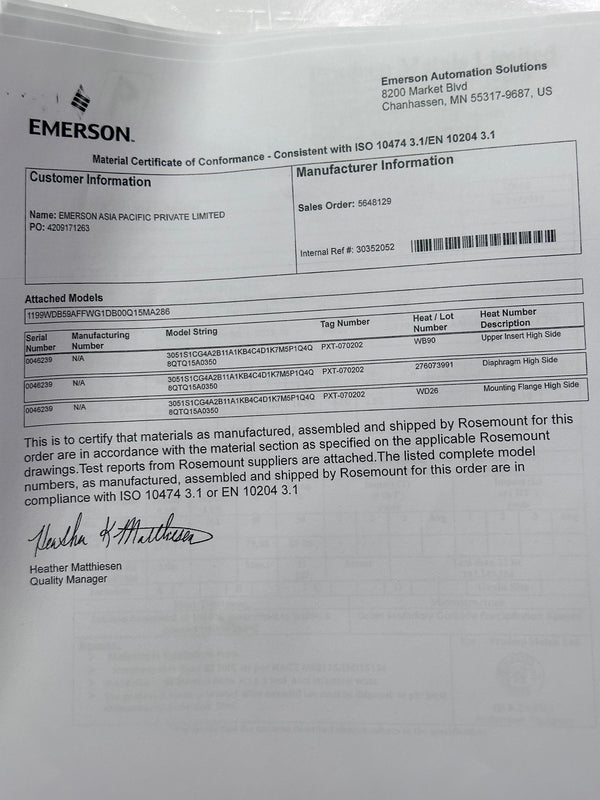 Emerson 3051S Coplanar Pressure Transmitter 3051S1CG4AB11A1KB4C4D1K7M5P1Q4Q8QTQ15A0350