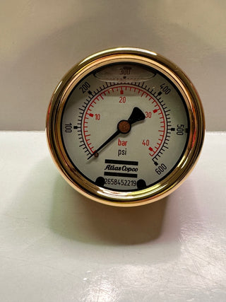 Atlas Copco 2658452219 Air Pressure Gauge 600 psi Brass/Gold