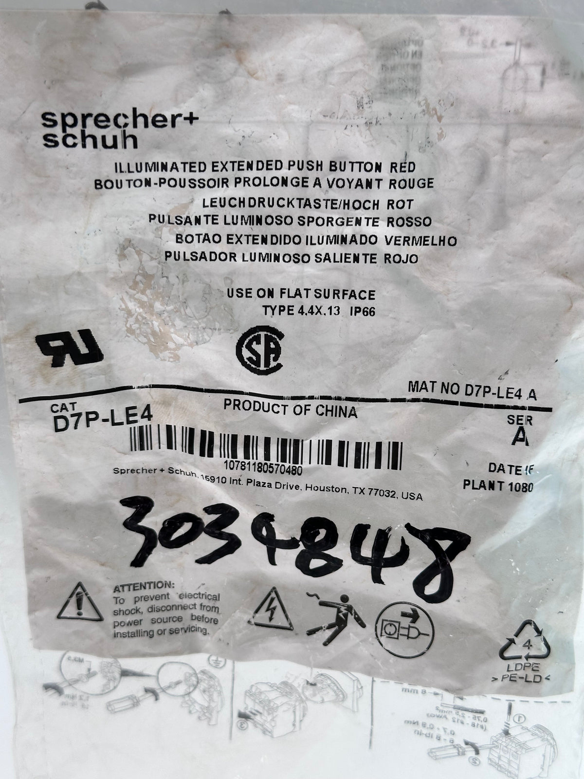 Sprecher + Schuh D7P-LE4 Red Non-Latching Push Button, 22.5mm