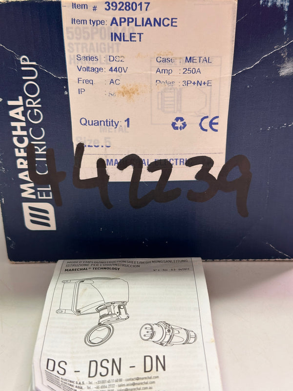 Marechal 3928017 DS2 250A Appliance Inlet, 3 Pin+Neutral+Earth IP66/67 Metal