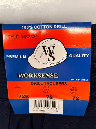 Worksense WS3331 Premium Drill Trousers Size 72R ONLY
