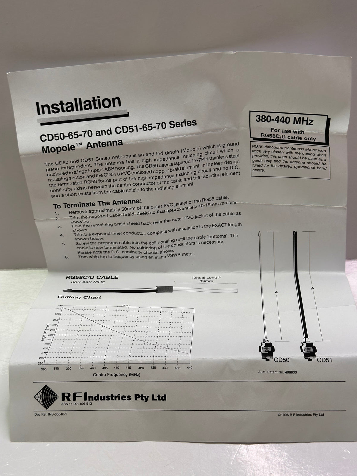 RFI CD50-65-70 UHF Ground-Independent Mopole Antenna — 380–440 MHz