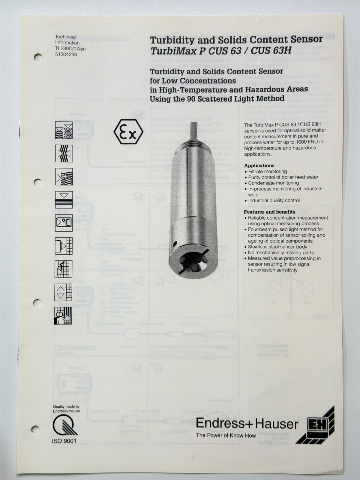 Endress+Hauser TurbiMax P CUS 63 Turbidity Sensor — CUS63-G1DY Reference