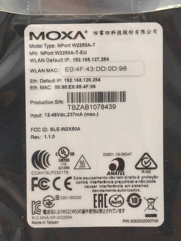 MOXA Wireless Serial Device Server NPort W2250A-T-EU band V1.1.0