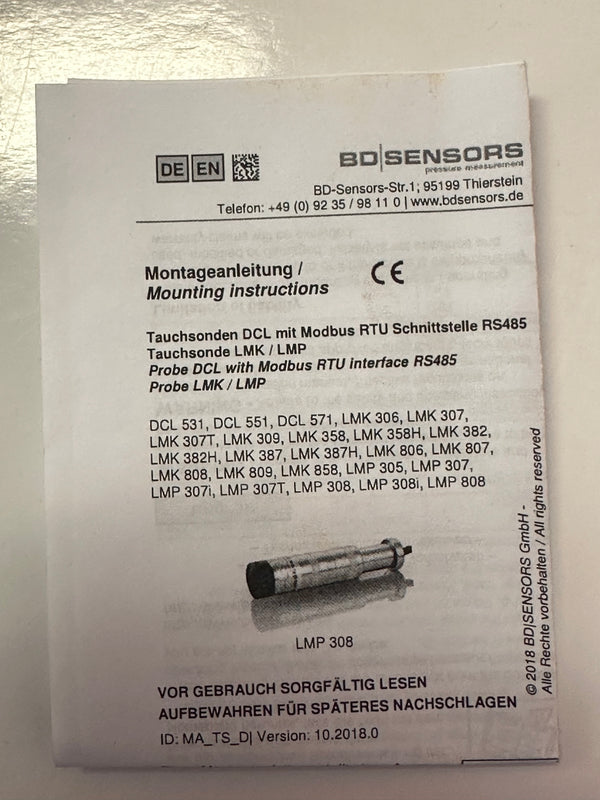 BD SENSORS LMK808 376-1002-R-1-1-5-100-000 c/w cable