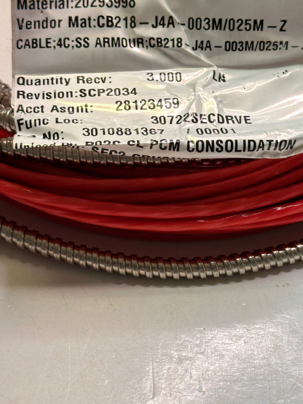CTC CB218-J4A-003M/025m-Z 4 Conductor Shielded Cable, Red FEP Jacket with SS Outer Armor 25M