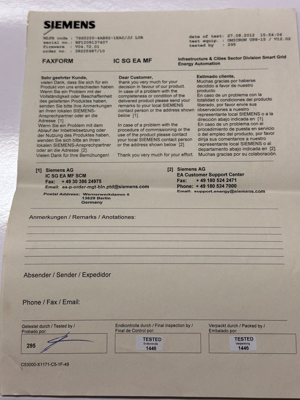 SIEMENS 7SS5220-4AB92-1EA0/JJ LOR Distributed Busbar- Circuit Breaker Failure Protect