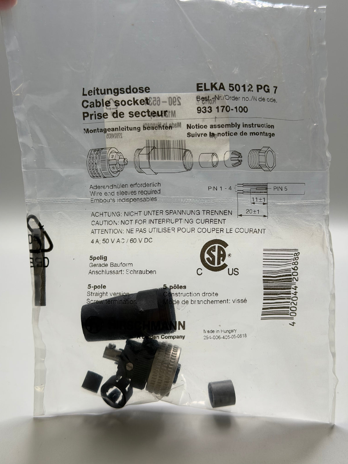 Hirschmann 933170100 ELKA 5012 PG7 M12 5-Contact Female Connector