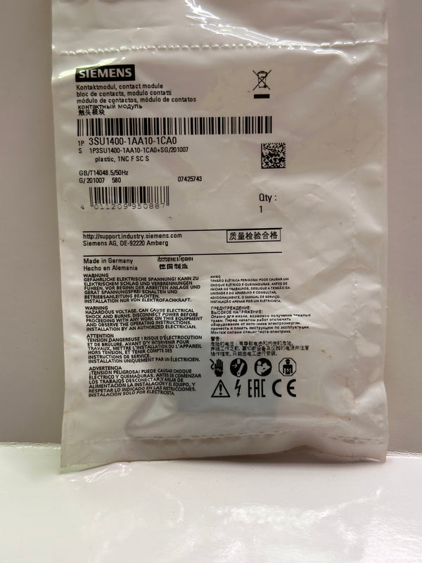Siemens 3SU14001AA101CA0 Contact Module/Block 1 NC