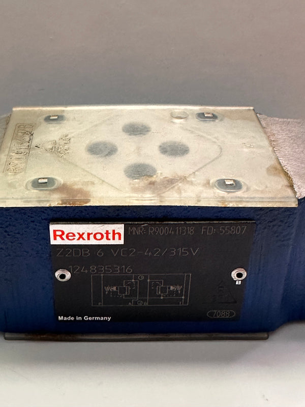 Bosch Rexroth R900411318 Pressure Relief Valve Z2DB6ZV2-42/315V Size 6, symbol A - T and B - T, with manual actuation