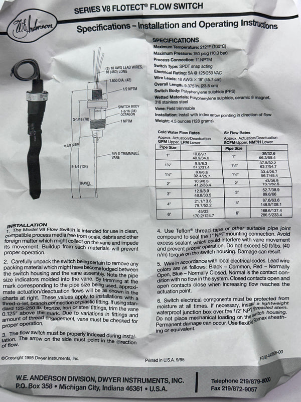 Series V8 Flotect Vane Operated Flow Switch