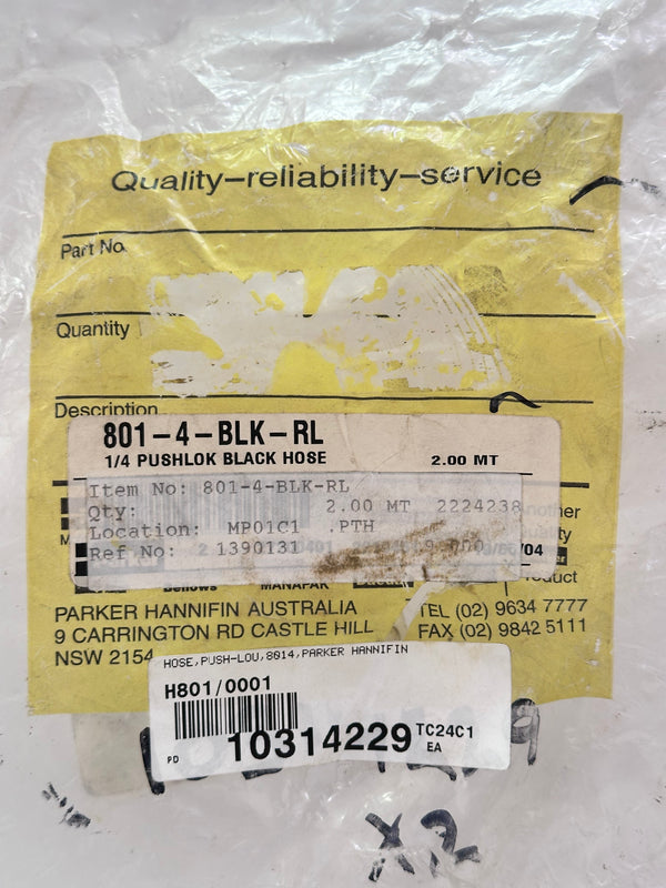 Parker 801-4-BLK-RL Push-Lok Multipurpose Air Hose, 1/4" Dia.  2mtr length