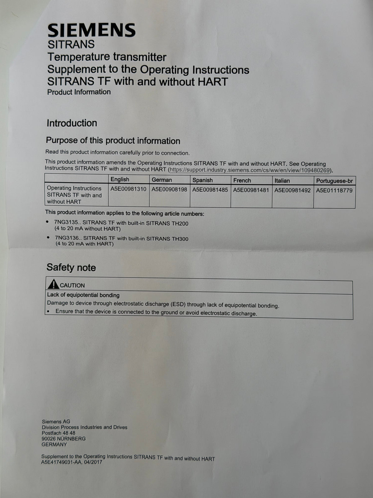 Siemens SITRANS TF 7NG3136-0AB12 Temperature Transmitter