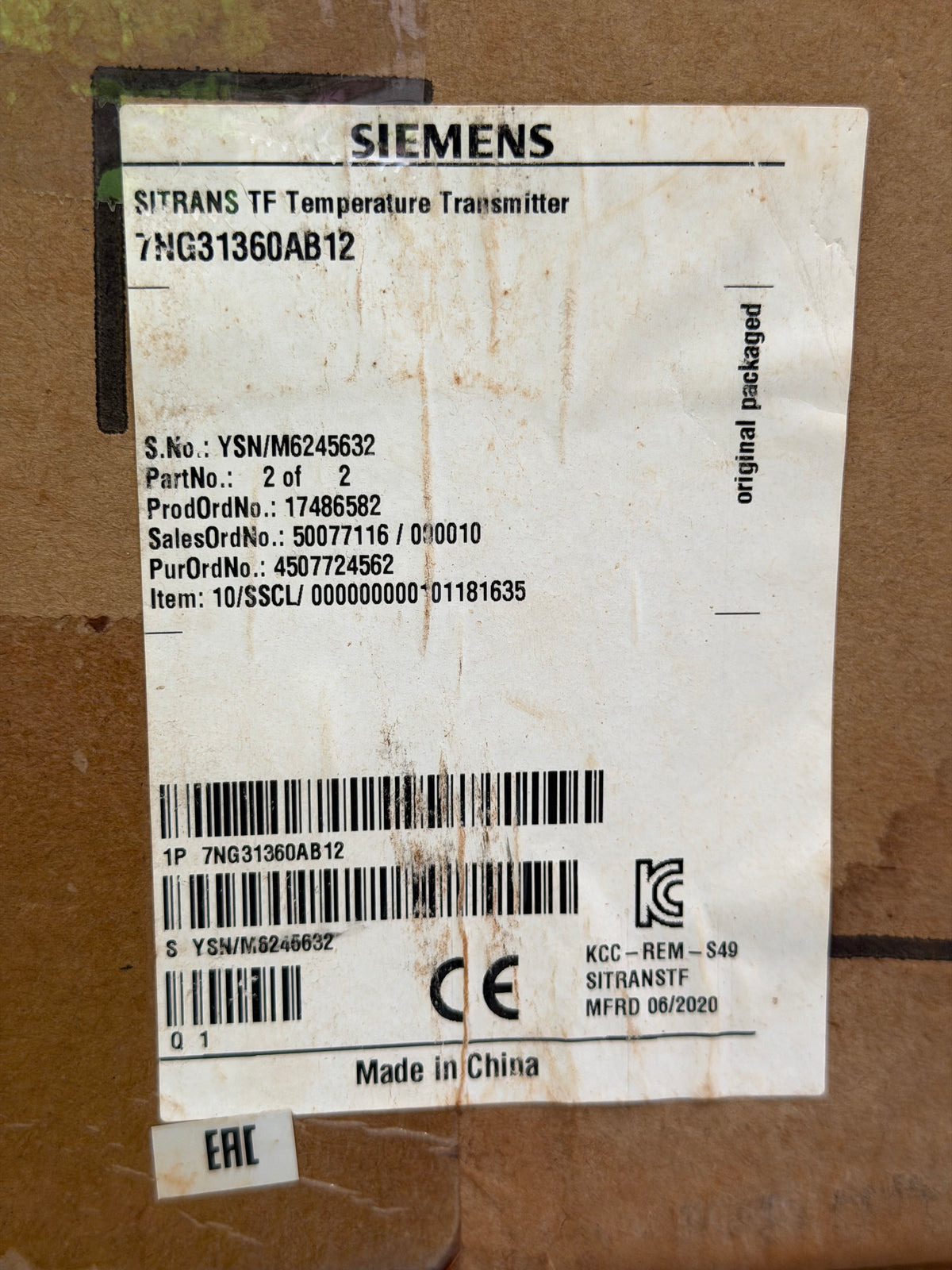 Siemens SITRANS TF 7NG3136-0AB12 Temperature Transmitter