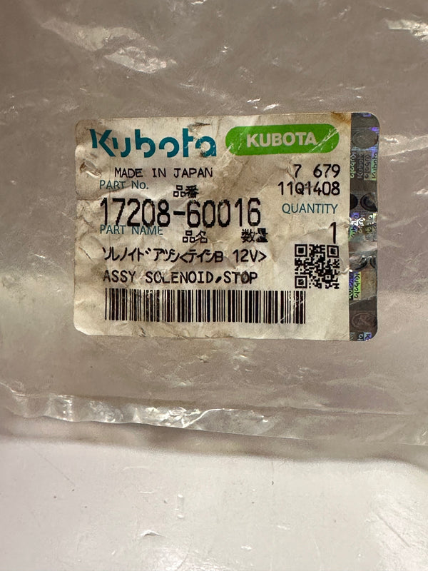 Kubota 17208-60016 Genuine Fuel Solenoid Shutoff Assy 12V