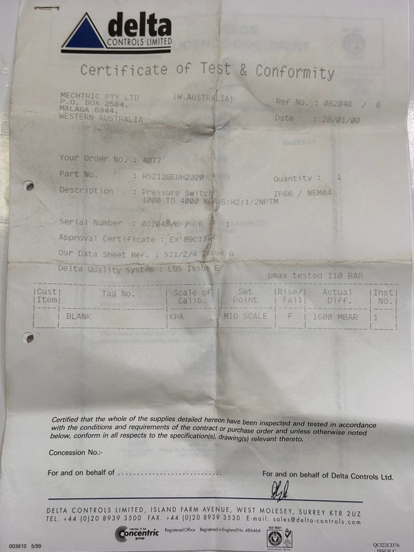 DELTA CONTROLS S20 Pressure Switch | Mining & Industrial Surplus