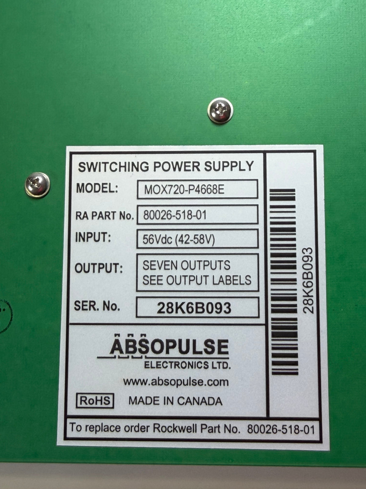 MOX720-P4668E Switching Power Supply to replace 80026-518-01