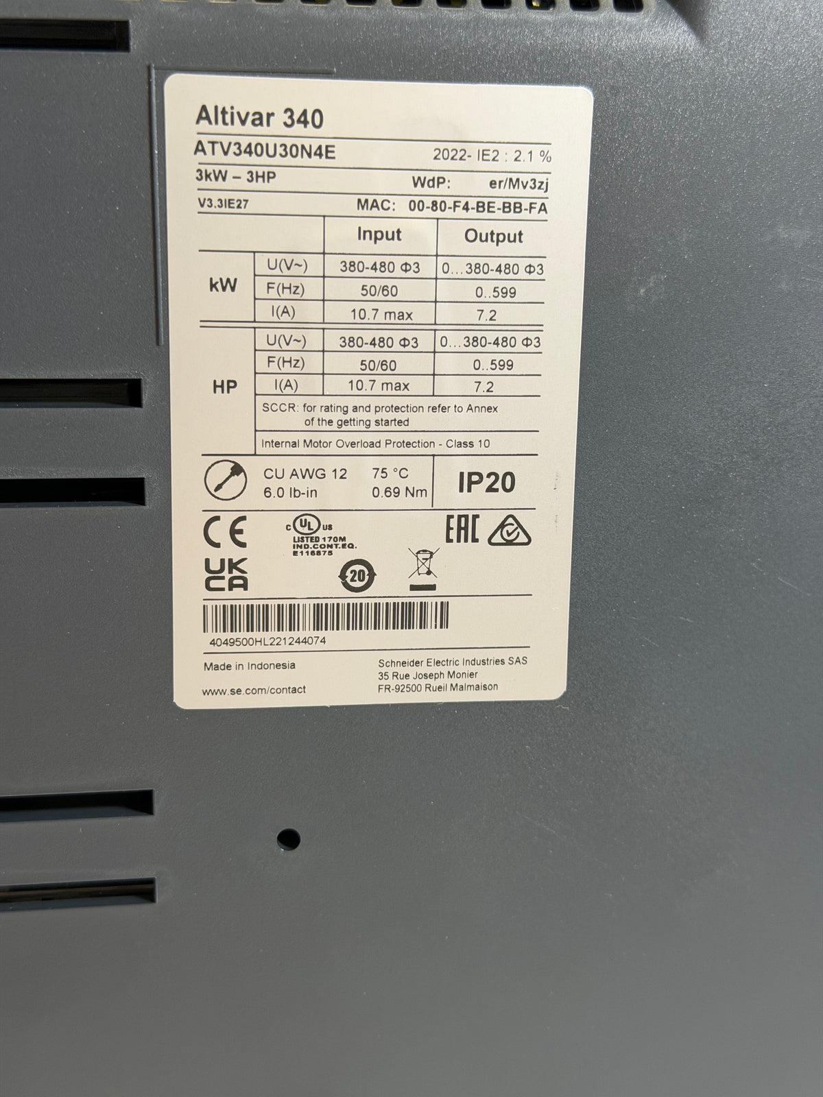 ATV340 3kW, 3HP, 400V Heavy Duty Variable Speed Drive - ATV340U30N4E