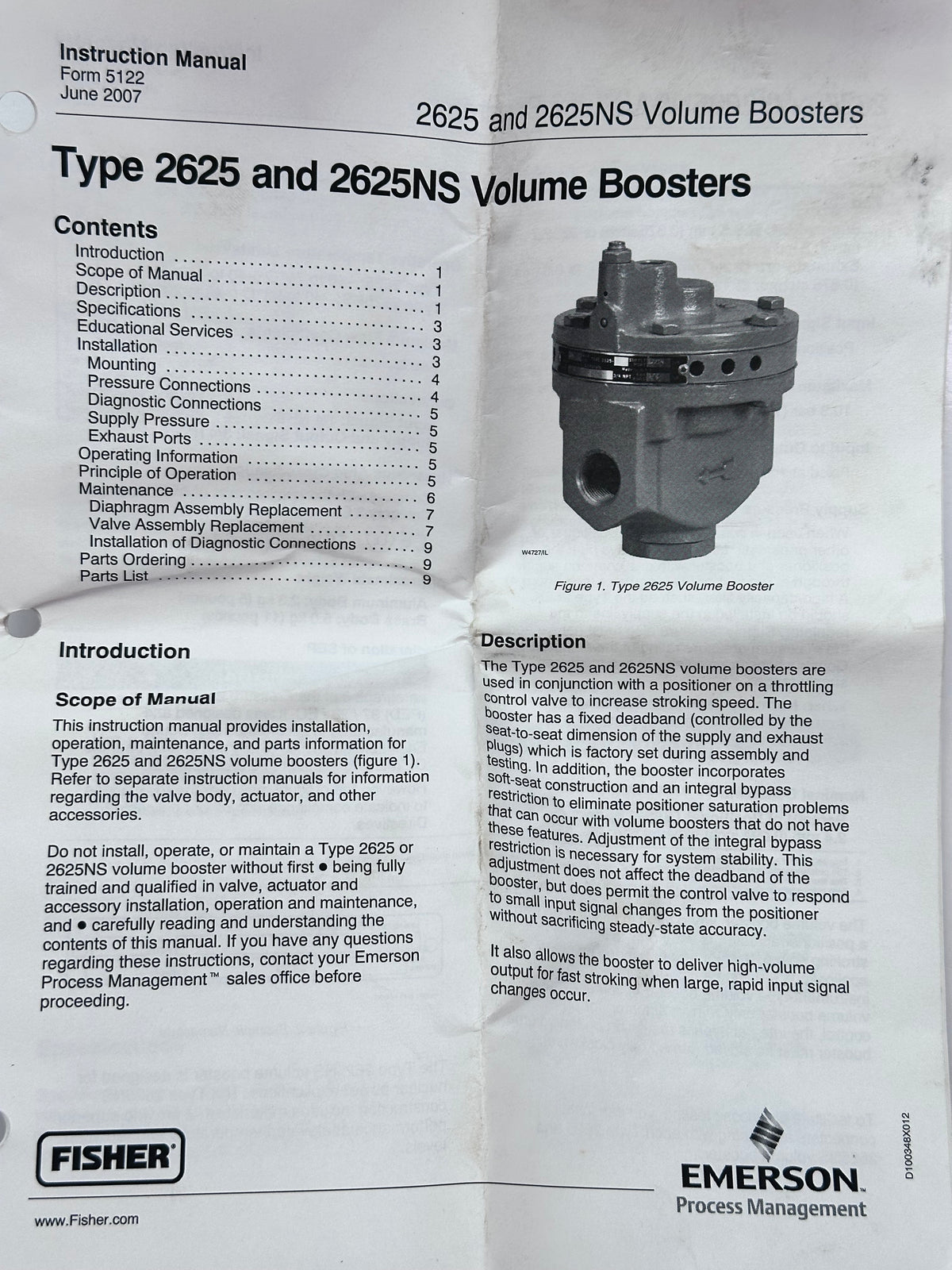 Fisher 2625 Series Pneumatic Volume Booster — FS2526-12 Reference