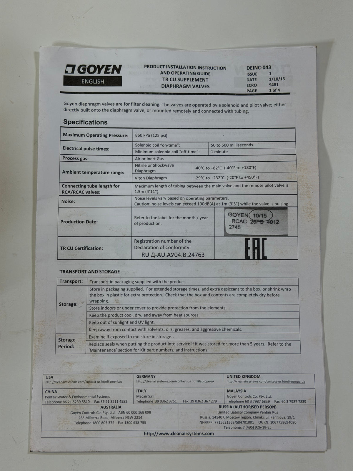 Goyen CA45T020 - 305 24V DC Integrated Solenoid & Threaded Diaphragm Valve