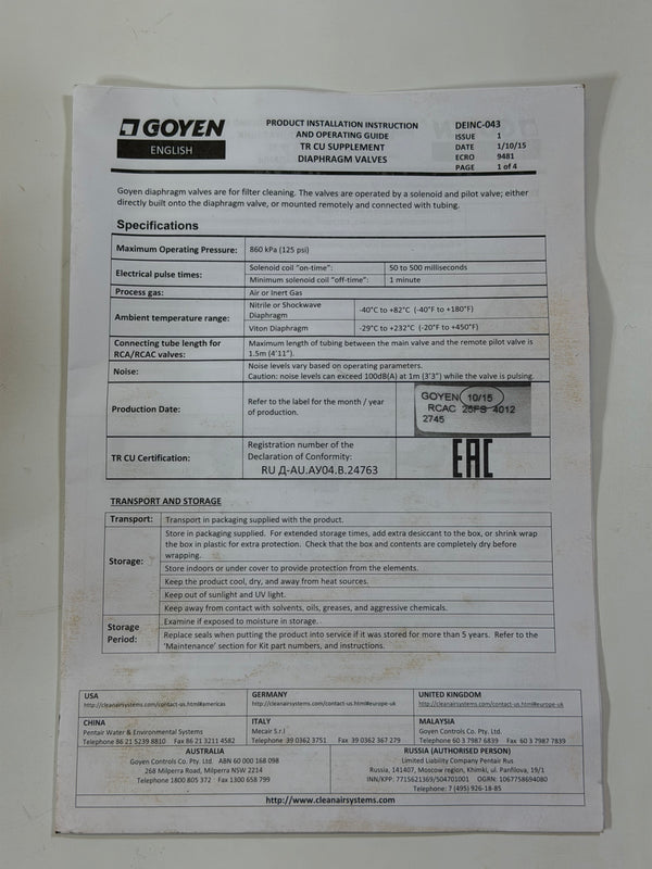 Goyen CA45T020 - 305 24V DC Integrated Solenoid & Threaded Diaphragm Valve