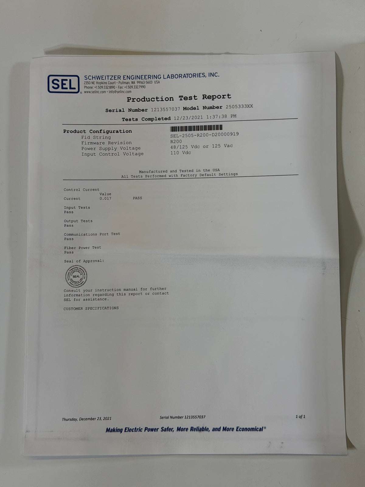 SEL-2505 Remote I/O Module 2505333XX
