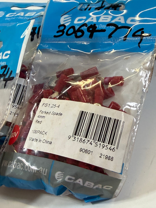 Cabac FS1.25-4 Red Pre-Insulated Forked Spade Terminal, 4mm, 700 pce