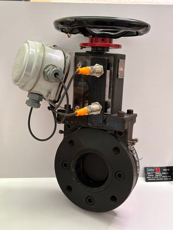 WEY W Series Knife Gate Valve Size 3 with Handwheel including 2 ifm IGT202 Inductive sensors and Junction box