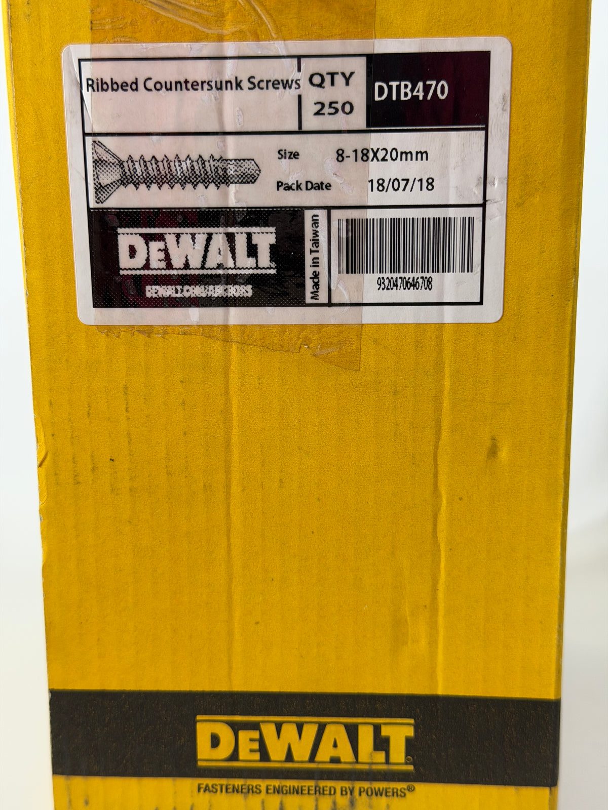 DeWalt DTB470 8g x 20mm Ribbed Countersunk Screws, 250-Pack