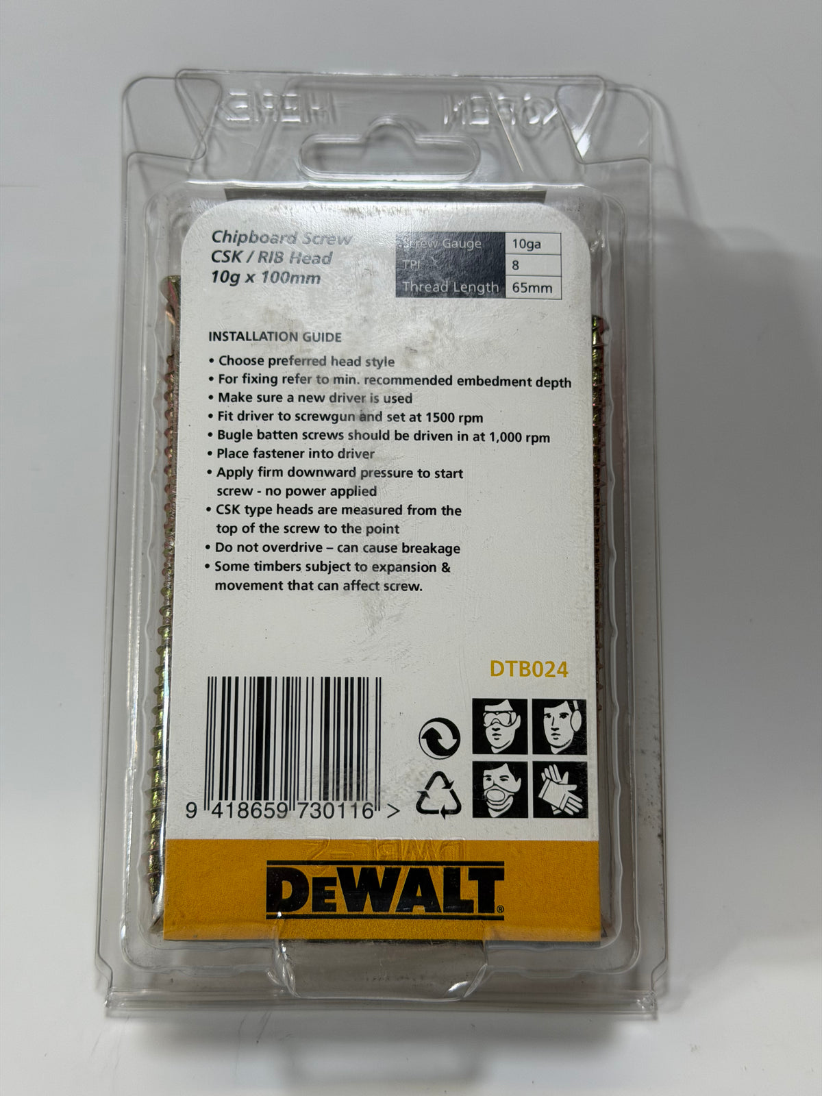 DeWalt DTB024-PWR Chipboard Screws 10G x 100mm — Pack of 50
