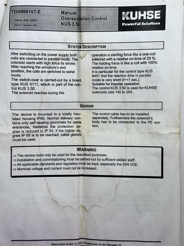 KUHSE 2200800107 Changeover Control / Overexcitation